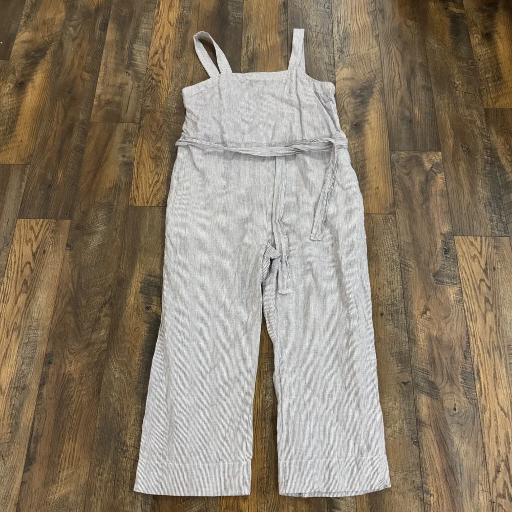 Quince 100% European Linen Pinstripe Wide Leg Belted Jumpsuit Blue White XL